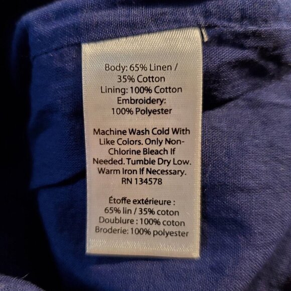 Vineyard Vines Linen Dress Sz 2 Embroidered V Neck Navy Blue White Cap Sleeves - Picture 6 of 7